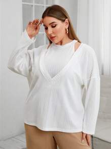 SHEIN Essnce Women'S Plus Size Rib-Knit Solid Color 2pcs/Set - White - View 6