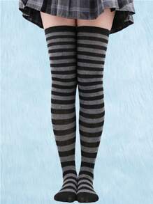 ROMWE Kawaii 1雙女士條紋過膝襪 - 灰色 - 查看 3