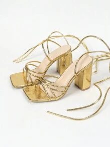 女用金屬金色綁帶高跟涼鞋,方頭,粗跟,舒適百搭,露腳趾延長腿長,鮮粉色女鞋 - 金色 - 查看 6