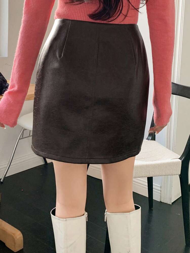 Women's Zipper Flap Detail Knee-Length Skirt Fall,Winter Leather Skirt