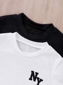 SHEIN Summer,Holiday,Traveler Young Boy's Simple & Comfortable Letter Printed Casual 2pcs T-Shirt Set For Summer