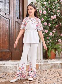 SHEIN Tween Girl Round Neck Back Button Droplets Batwing Short Sleeve Shirt & Flared Pants Set With Fruit Pattern And Matching Mommy And Me Outfits (Two Sets Sold Separately) - White - View 6