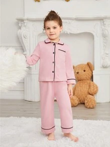 SHEIN Leap Crew Trẻ Cô gái Khối màu Lỏng lẻo phù hợp Áo Với Viền tương phản Và Quần Trang phục mặc nhà Bộ - Màu Hồng baby - Xem 6