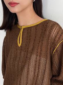 FRIFUL 棕色空心紋路泡泡袖t恤 - 棕色 - 查看 7