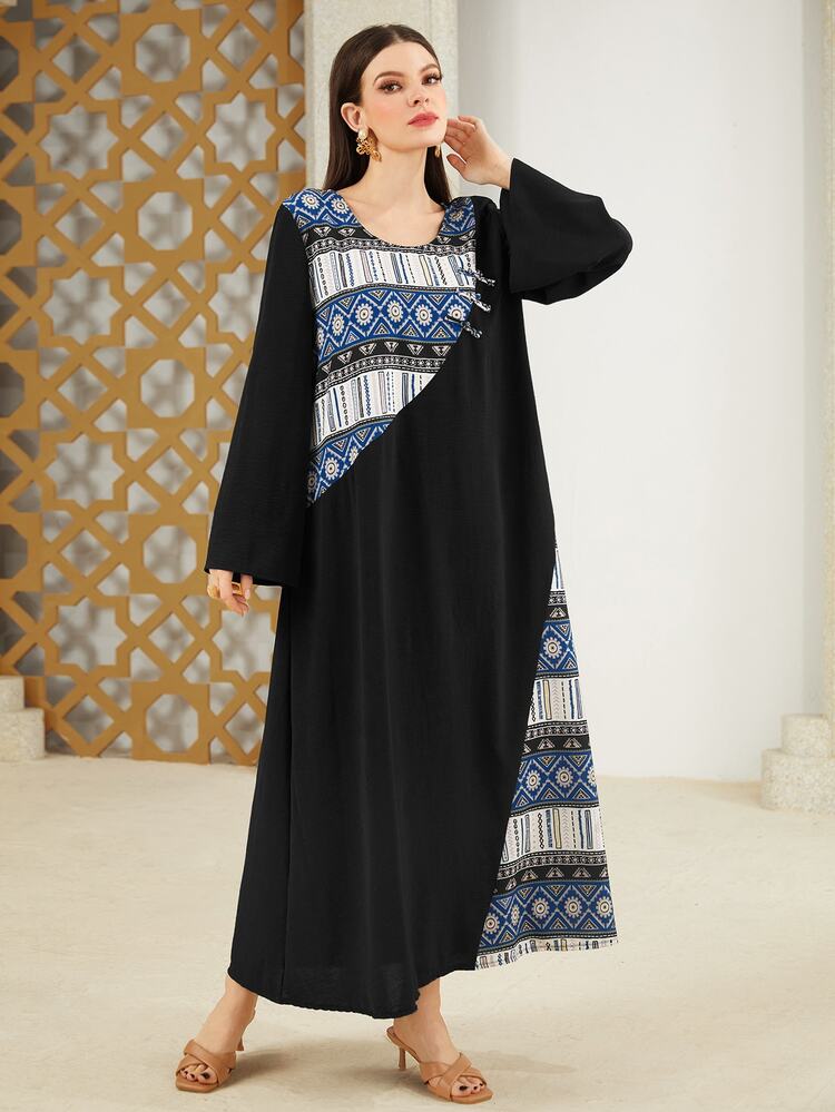 Women's Printed Patchwork Bell Sleeve Dress