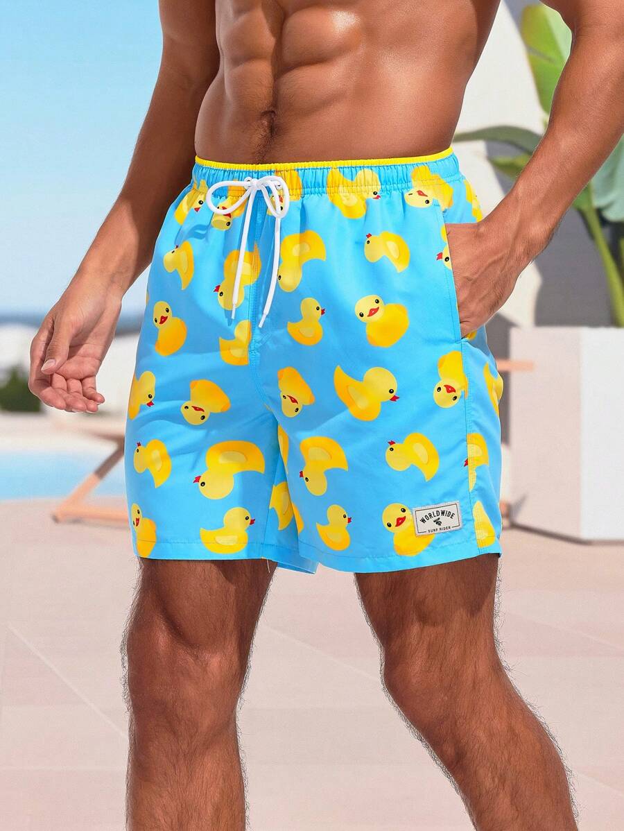 Manfinity Swimmode Men's Graphic Drawstring Beach Shorts With Little Yellow Duck Pattern, Pool Shorts, For Beach, Vacation,Hawaiian