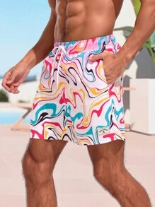 Surfspeed Men's Marble Print Drawstring Waist Beach Shorts - Pink - View 1