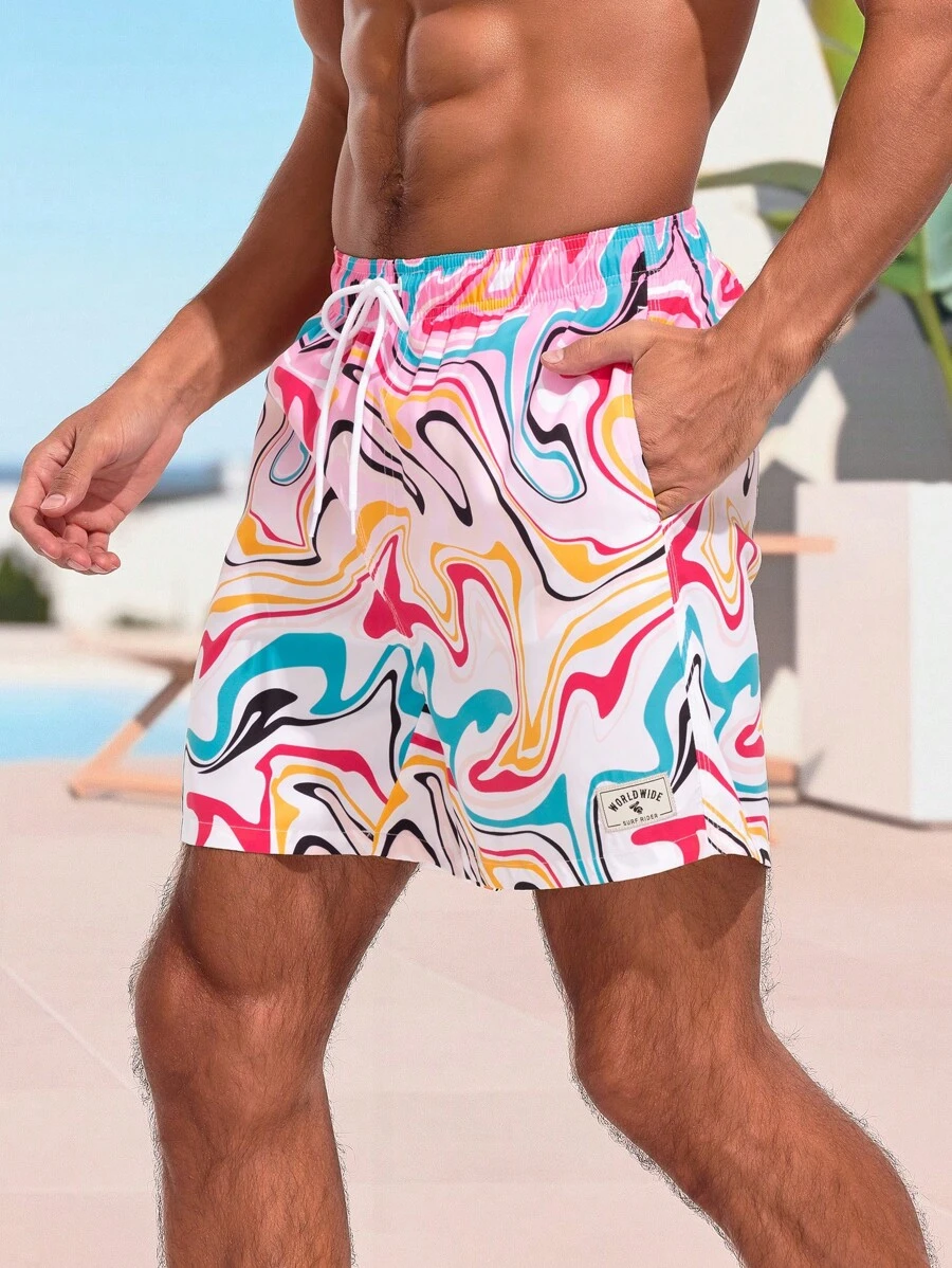 Surfspeed Men's Marble Print Drawstring Waist Beach Shorts - Pink - View 1