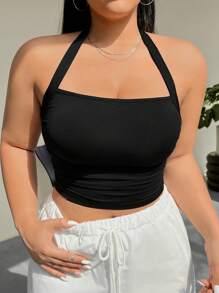 SHEIN EZwear Kích thước lớn Của phụ nữ Halter Neck Vòng eo có thể điều chỉnh Xếp li Áo ba lỗ - màu đen - Xem 3