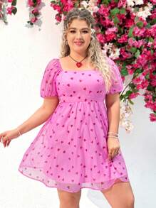 Dreamara Women's Plus Size Casual Vacation Style Short Puff Sleeve Slim Fit Square Neckline Dress