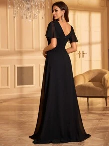 亮片串珠雪纺礼服黑色优雅舞会晚会婚礼宾客礼服，适合毕业典礼、晚宴 - 黑色 - 查看 2