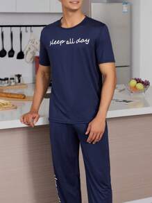 Men's Navy Blue Slogan Pattern Short Sleeve T-Shirt And Long Pants Homewear Set - Navy Blue - View 3