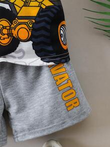 SHEIN Young Boys' Excavator & Letter Print T-Shirt And Shorts Two Pieces Set - Light Grey - View 6