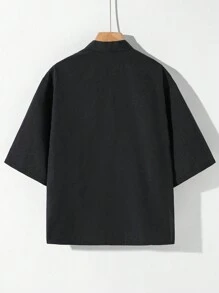 SHEIN Tween Boy's Casual Street Style Loose Short Sleeve Knit Cardigan With Japanese Print Pattern