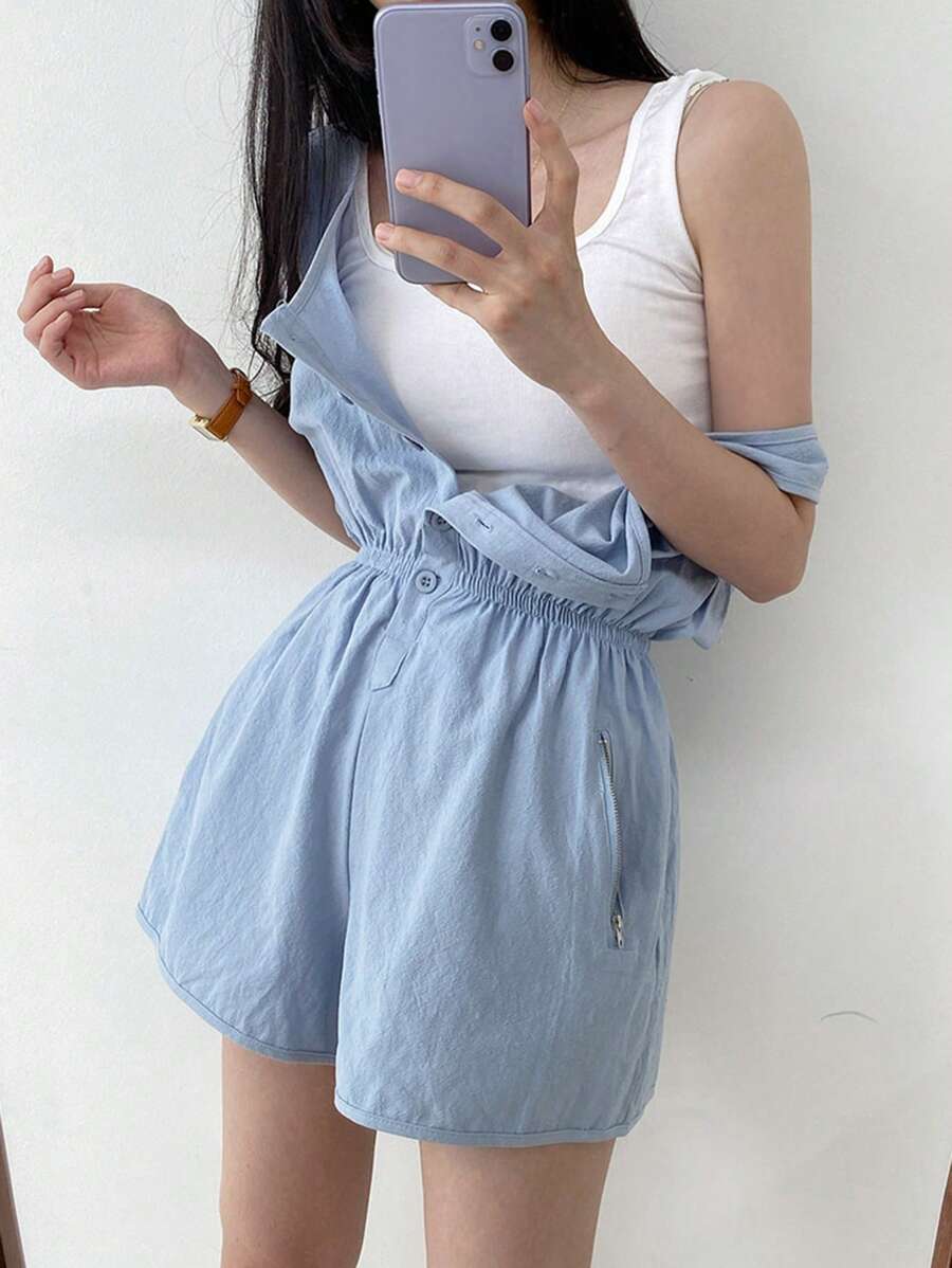 DAZY 简约半扣宽松剪裁连体裤式家居服，配有抽绳腰部睡衣 - 藍色 - 查看 1