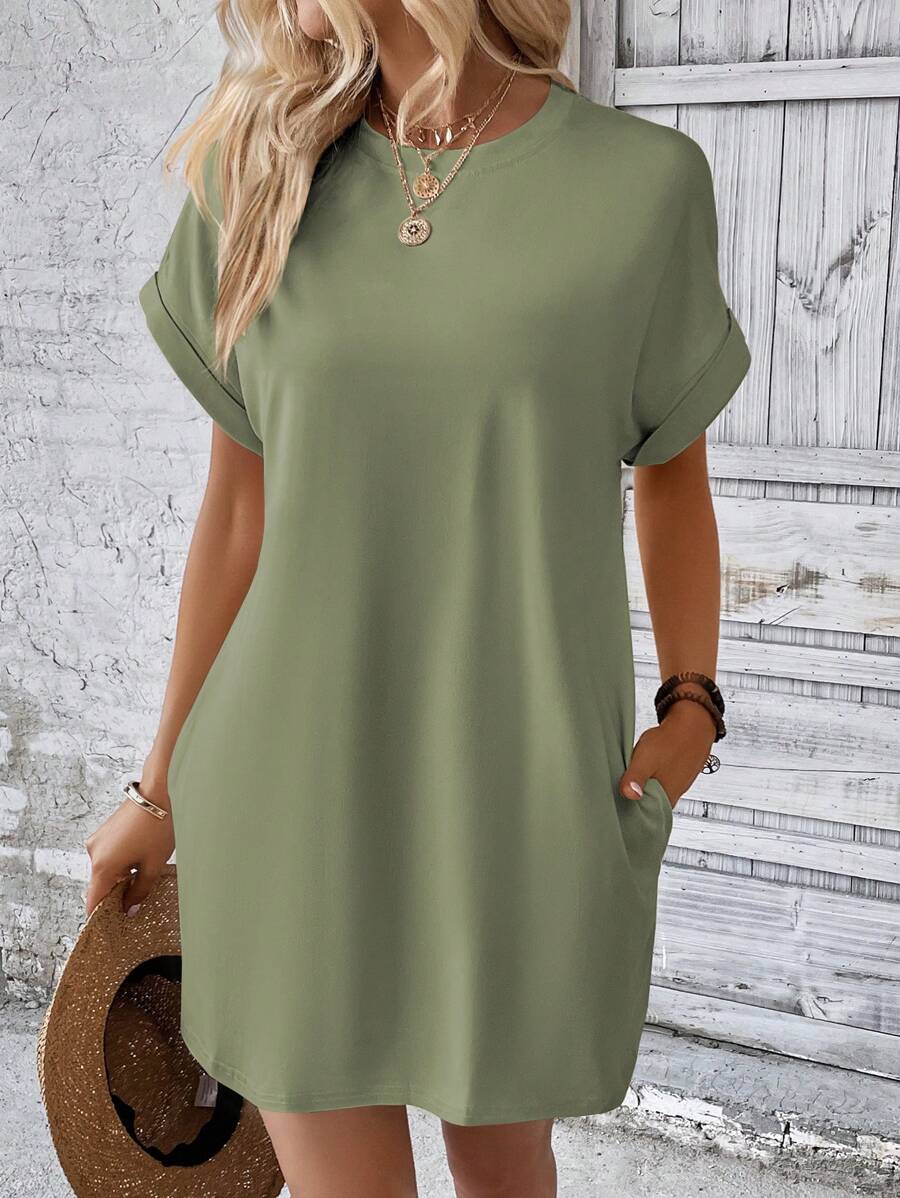 INAWLY Loose-Fit Batwing Sleeve Solid Color Round Neck Dress - Lime Green - View 1