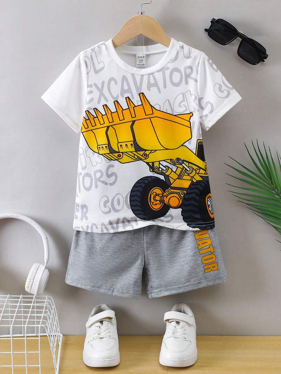 SHEIN Young Boys' Excavator & Letter Print T-Shirt And Shorts Two Pieces Set - Light Grey - View 1