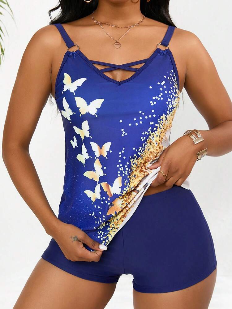 Women's Butterfly Printed Vest Style Tankini Set, Beach Outfit Bathing Suit Music Festival Summer