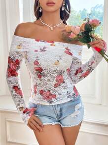 Chiquease Top A Maglia Floreale A Maniche Lunghe Con Spalle Scoperte Per Donne - Multicolore - Visualizzare 3