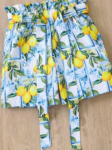 SHEIN Young Girl Ruffle Top With Ruffle Trim And Lemon Print Shorts Set