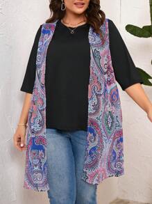 EMERY ROSE Conjunto De Camiseta De Color Sólido De Talla Grande Para Mujer Y Chaleco Impreso, 2 Piezas/set