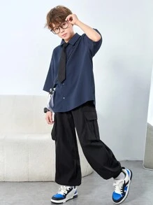 SHEIN 適合8-14歲男孩的休閒散襯寬鬆半袖襯衫,配有領帶 - 藍色 - 查看 7