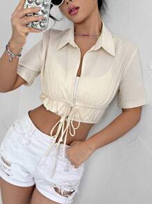 Flirla Chemise Pour Femme À Nœud À Cordon À Couleur Unie Et Raccourcie