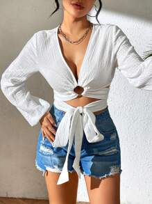 SHEIN Unity Camisa De Mujeres Con Nudo En Frente, Cuello En V Profundo Y Dobladillo Con Nudo - Blanco - Ver 3