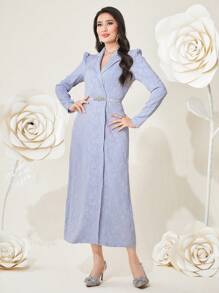 Modelyn Vestido de noche largo con manga abullonada de mujer en tejido jacquard - Azul - Ver 2