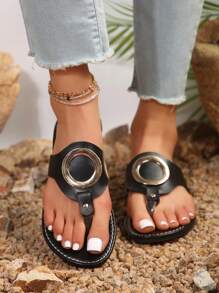 女士平跟平滑拖鞋,開放式輕便人字拖鞋,時尚腳趾環夏季鞋款 - 黑色 - 查看 1