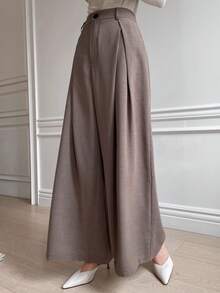 DAZY Solid Color High Waisted Pleated Wide Leg Women's Suit Pants - Khaki - View 6