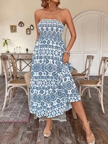Breezaya Của phụ nữ In Quây Đầm Với Eo-thắt chặt - Xanh và trắng - Xem 1