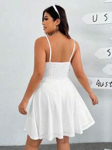 SHEIN EZwear 白色纯色针织提花喇叭下摆吊带连衣裙，春夏 - 白色 - 查看 2