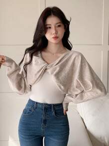 DAZY Women's Twisted Knit Batwing Sleeve Cropped Sweater,Fall Clothes - Beige - View 6