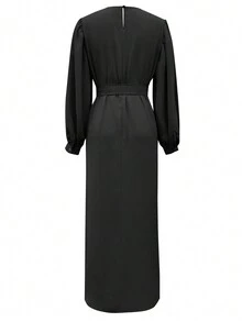 Women's Round Neck Solid Color Lantern Sleeve Waist Gathered Arabic Style Dress, Modest - Black - View 2