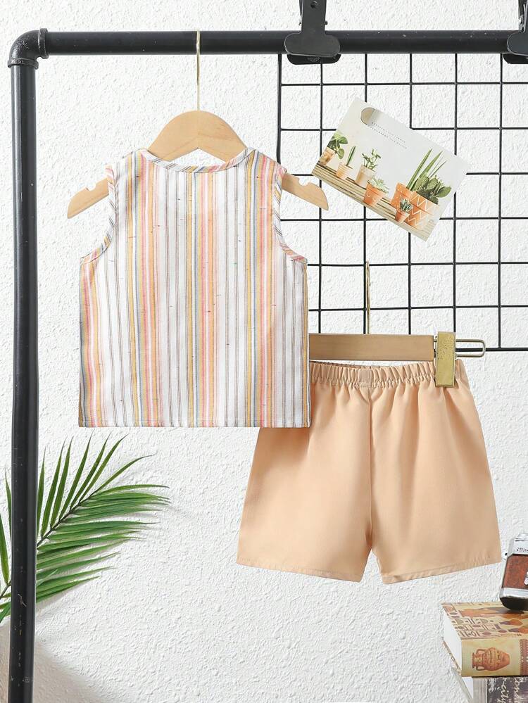 Baby Boy Simple Striped Top With Front Button Shirt And Solid Color Shorts Set