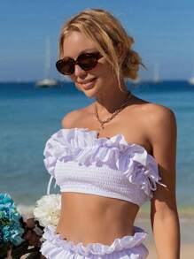 SHEIN Swim Solid Color Ruffle Trim Bandeau Bikini Top With Lace-Up Back Wedding Summer - White - View 7