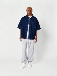 SUMWON Oversized Fit Short Sleeve Denim Shirt With Front Pocket - Blue - View 3