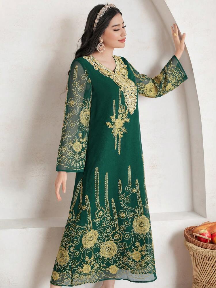 Women's Gold Embroidered Notched Neck Arabian Dress
