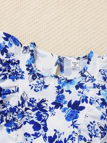 SHEIN Tween Girls' Floral Printed Ruffle Hem Cap Sleeve Top And Shorts Two Pieces Set - Blue - View 6