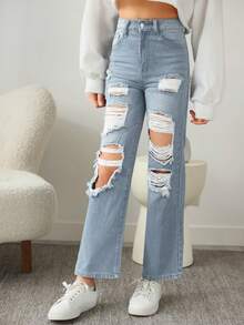 SHEIN Thiếu niên cô gái Đau khổ Quần legging thẳng - Rửa nhẹ - Xem 3