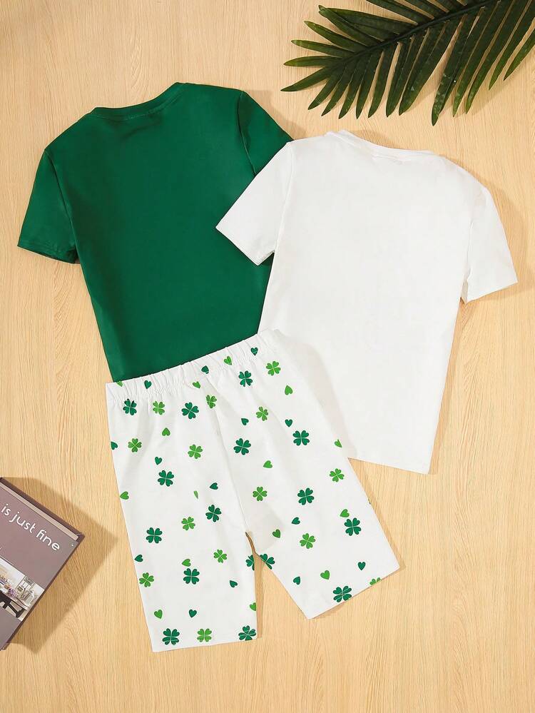 3pcs/Set Tween Boy Snug Fit Casual Four-Leaf Clover & Letter Printed Crewneck Tops, Solid Color Top And Printed Shorts, Home Wear