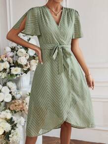 SHEIN Clasi Women's Solid Color V-Neck Split Sleeve Dress - Green - View 4