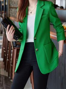 SHEIN Clasi Women's Solid Color Notched Lapel Single Breasted Blazer Jacket - Green - View 4