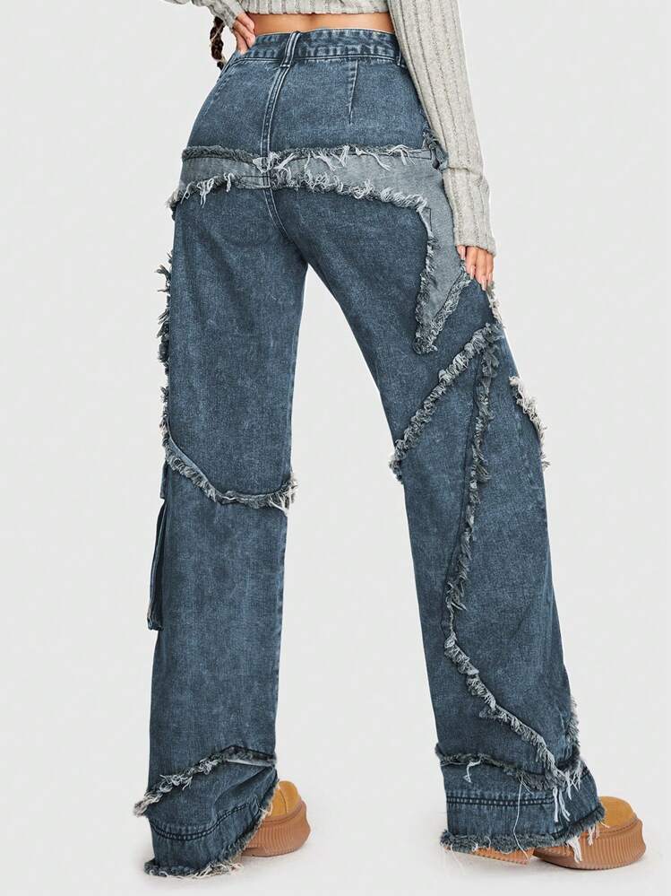 ROMWE Grunge Punk Vintage Style Star Patchwork Hög midja lösa jeansjeans med raka ben med tvättad effekt och fickor, skola - Babyblå - Visa 4