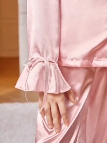 青少年女孩简约纯色长袖 T 恤和裤子睡衣套装，袖口和下摆带褶边 - 淺粉色 - 查看 6