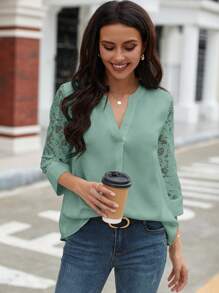 SHEIN Clasi Blusa Con Cuello En V Sólido Con Inserciones De Encaje Para Mujeres - verde menta - Ver 7