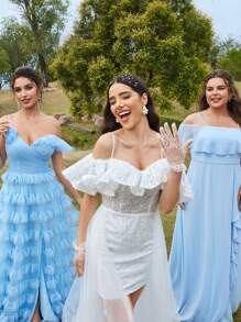 SHEIN Belle Women's 3d Floral Multi-Layer Ruffle Trim See-Through Mesh High Slit Cross-Back Strap Evening Dress - Blue - View 9