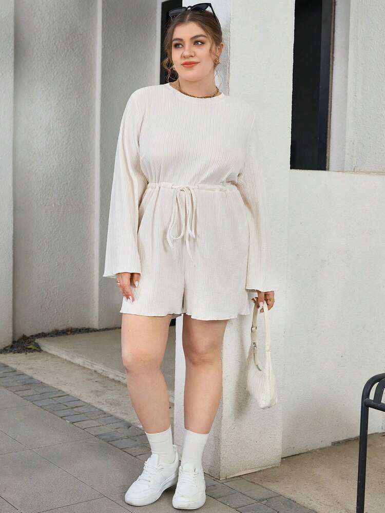 Women's Plus Size Round Neckline Tie Waist Bell Sleeve Textured Fabric Casual Loose Romper For Vacation And Parties