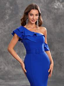 YISIKADO Women's Formal Oblique Shoulder Ruffled Mermaid Evening Gown With Waist Belt For Dancing Party
